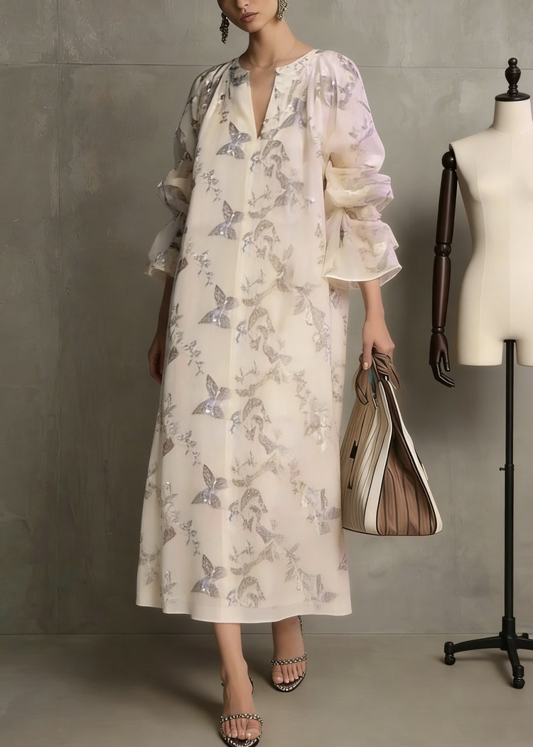 Fashion Apricot Butterfly Sequins Cotton Dress Flare Sleeve - Omychic