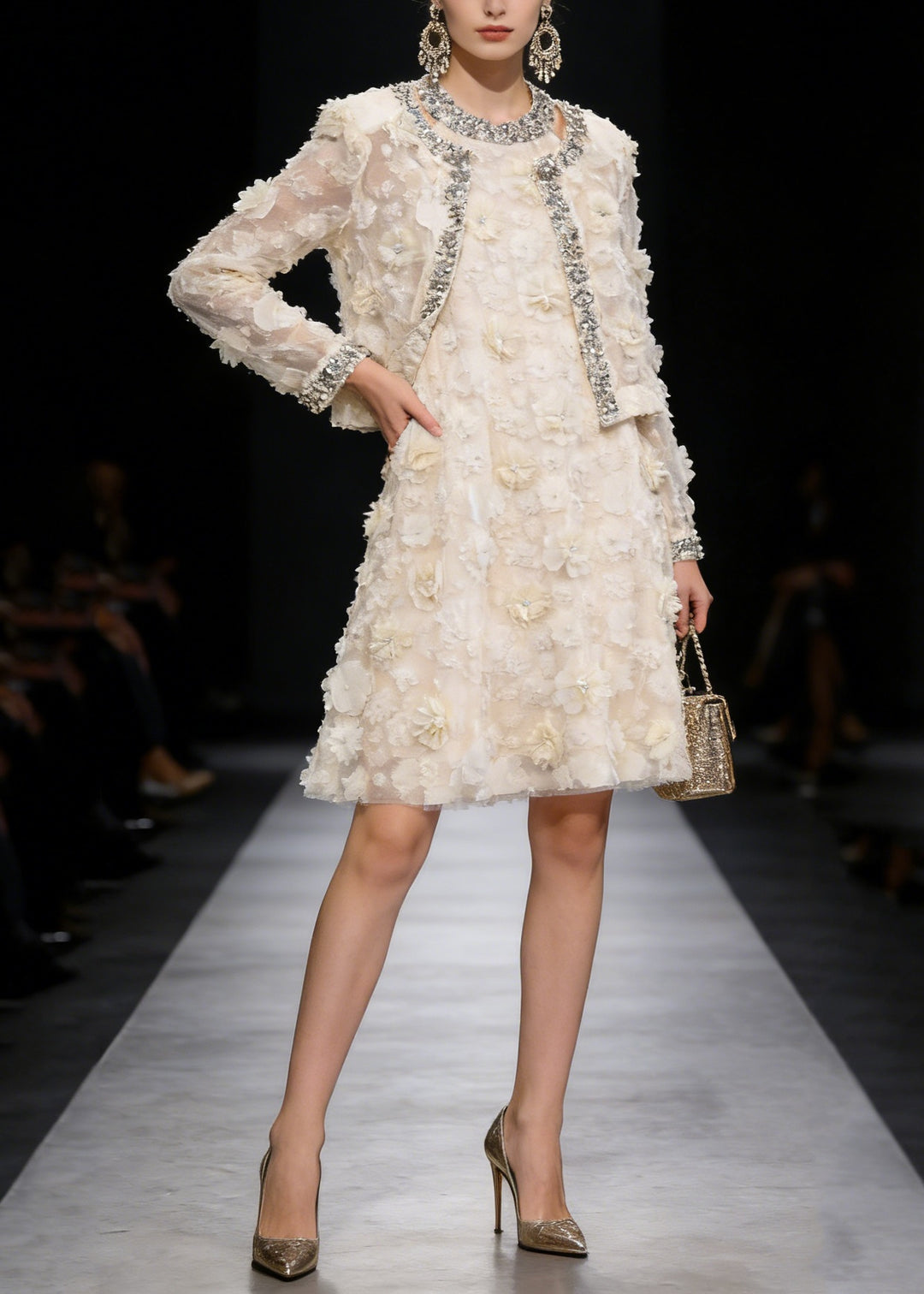 Fashion Apricot Floral Coat And Dress Tulle Two Piece Suit Set Spring