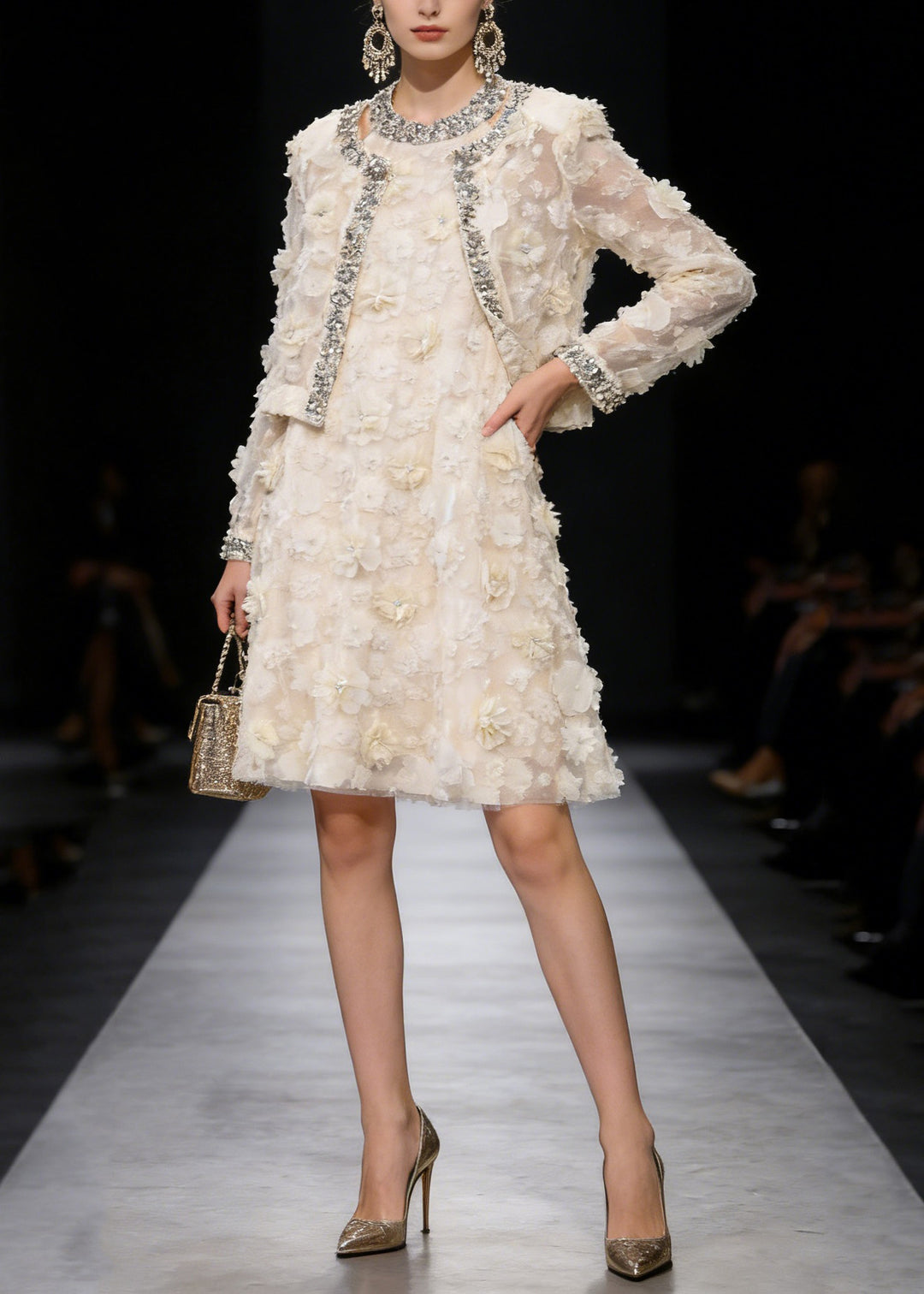 Fashion Apricot Floral Coat And Dress Tulle Two Piece Suit Set Spring