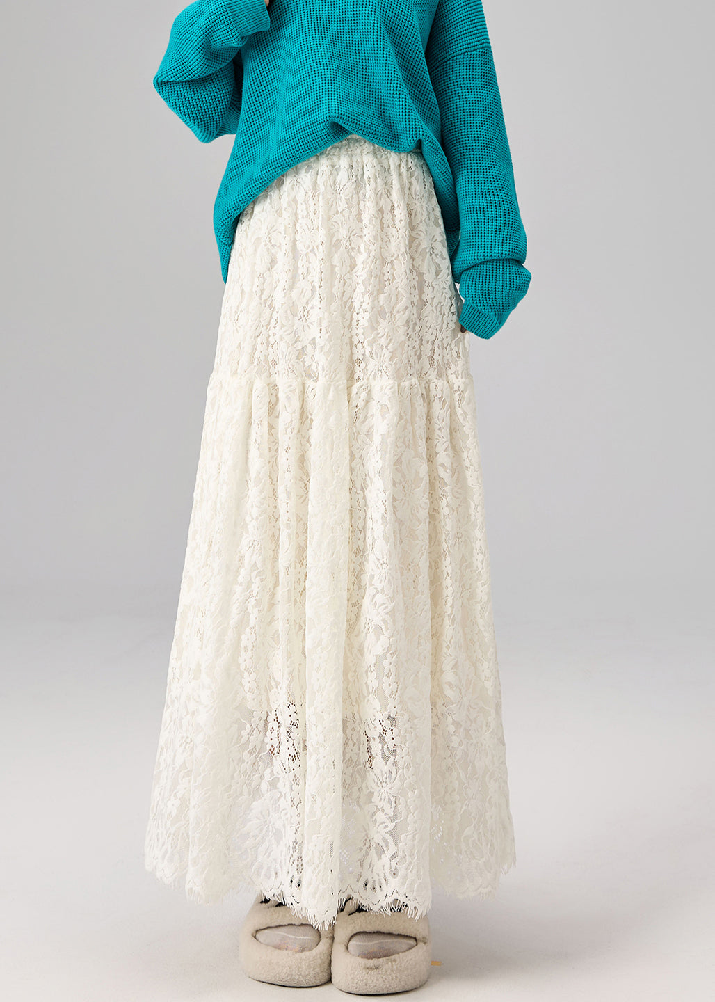 Fashion Apricot High Waist Solid Lace A Line Skirts