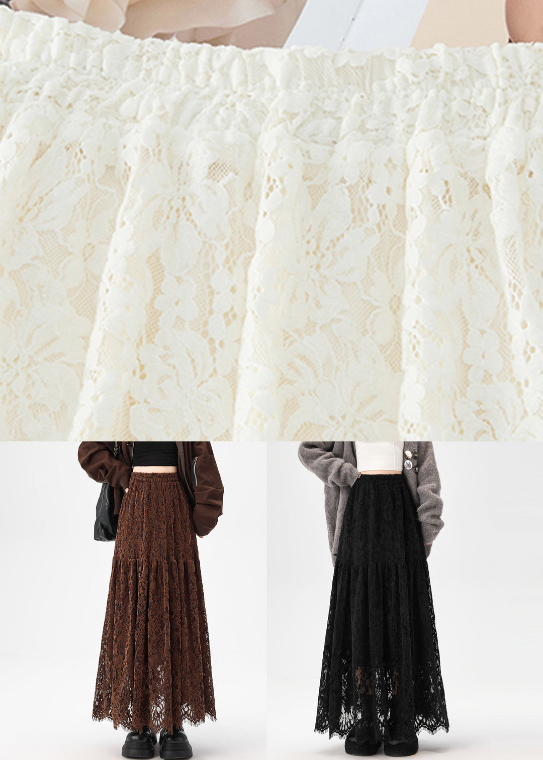 Fashion Apricot High Waist Solid Lace A Line Skirts