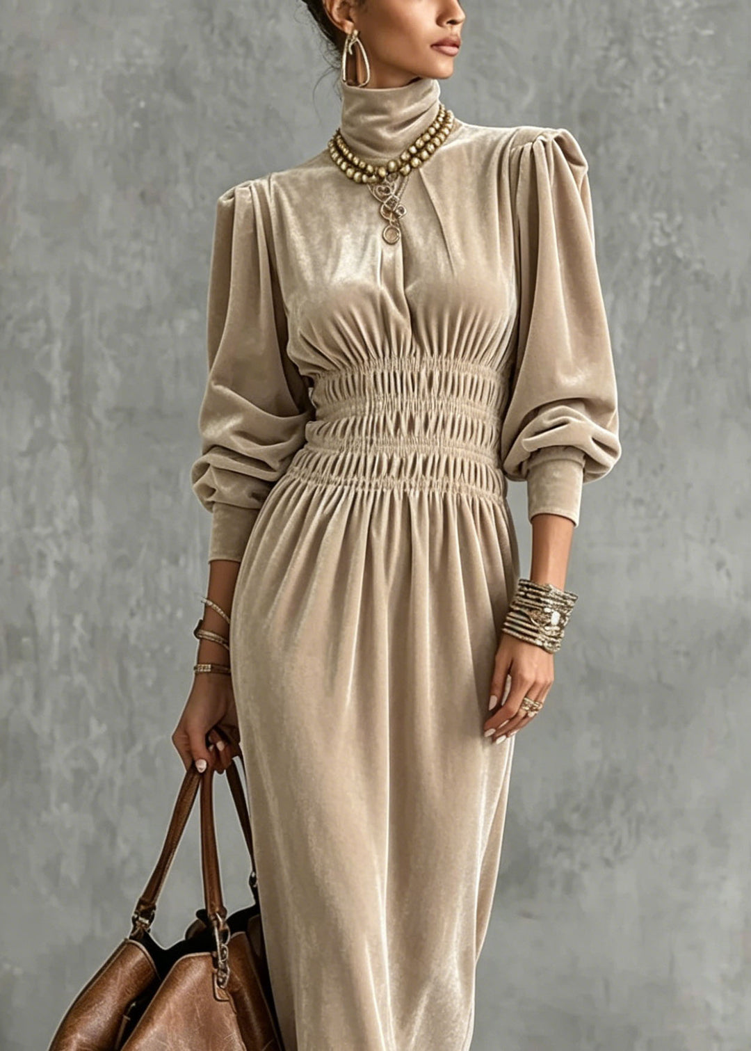 Fashion Apricot Hign Neck Wrinkled Patchwork Velvet Dress Lantern Sleeve
