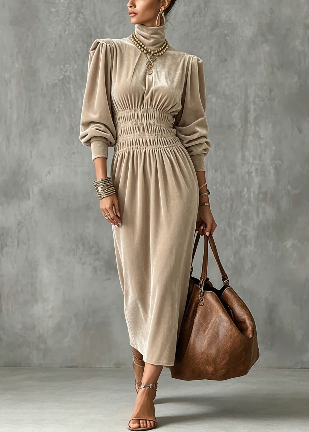 Fashion Apricot Hign Neck Wrinkled Patchwork Velvet Dress Lantern Sleeve