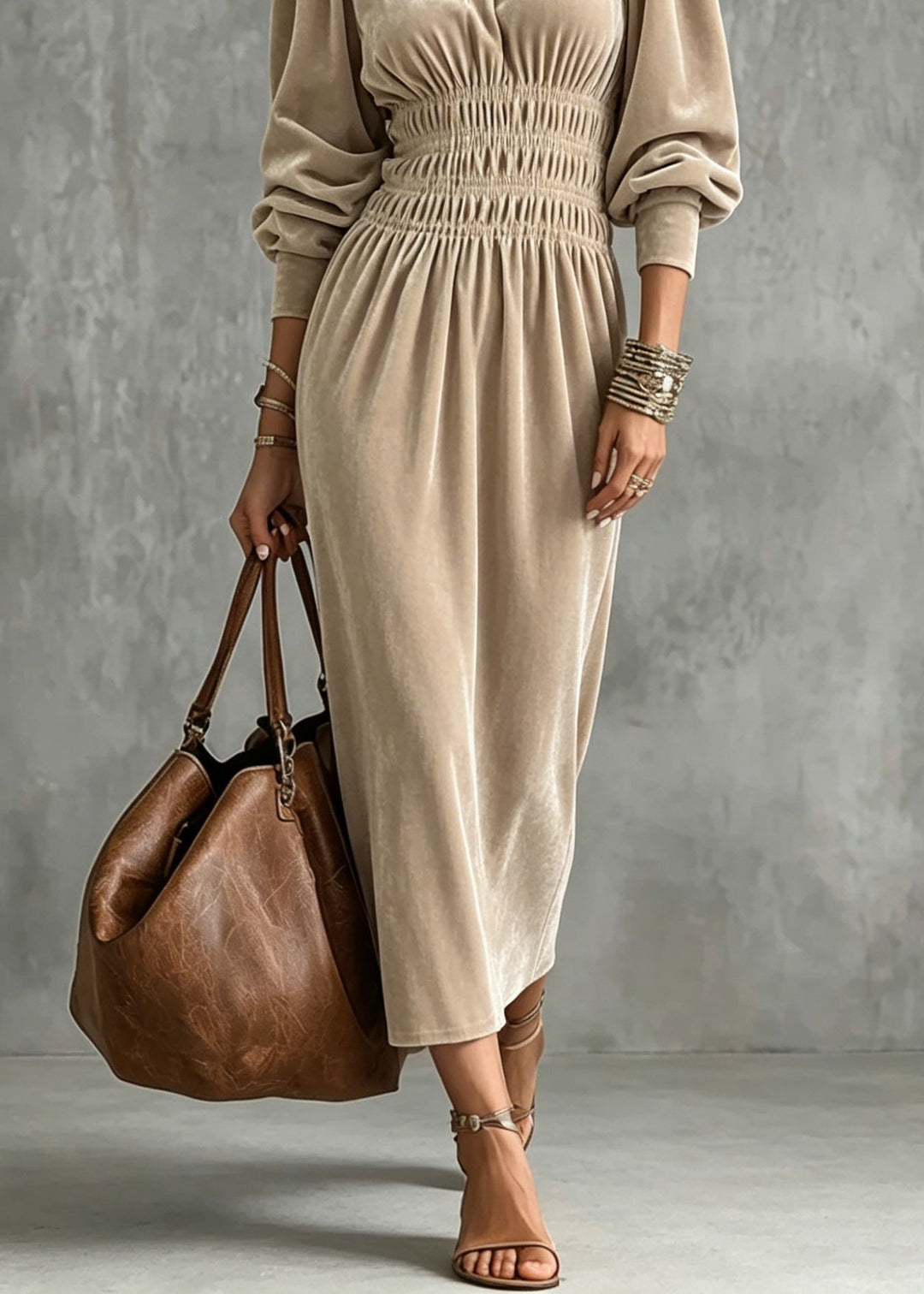 Fashion Apricot Hign Neck Wrinkled Patchwork Velvet Dress Lantern Sleeve