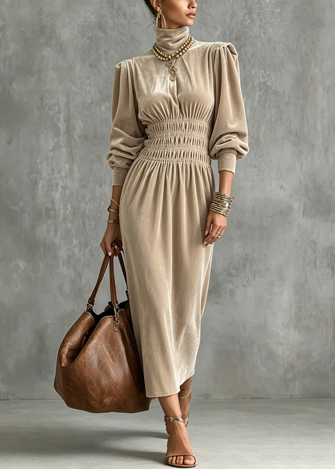 Fashion Apricot Hign Neck Wrinkled Patchwork Velvet Dress Lantern Sleeve