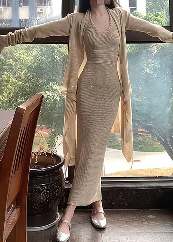 Fashion Apricot O-Neck Halter Tunic Knit Cardigans And Long Dress Two Piece Set Fall