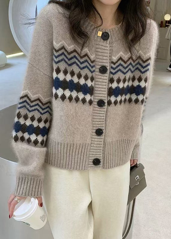 Fashion Apricot O Neck Jacquard Button Knit Cardigans Spring