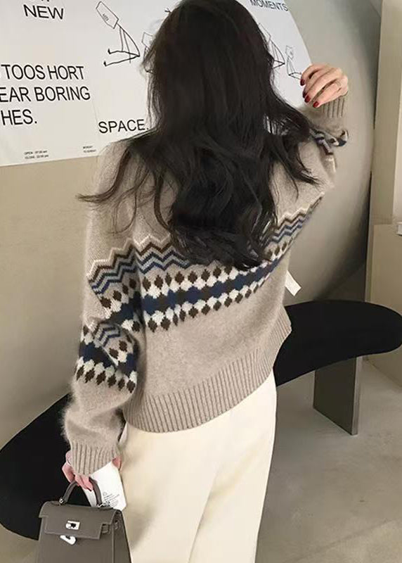 Fashion Apricot O Neck Jacquard Button Knit Cardigans Spring