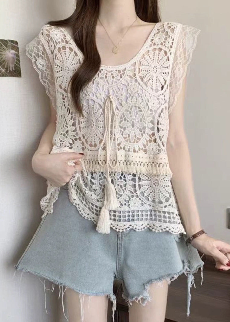 Fashion Apricot O-Neck Tassel Lace Tank Summer