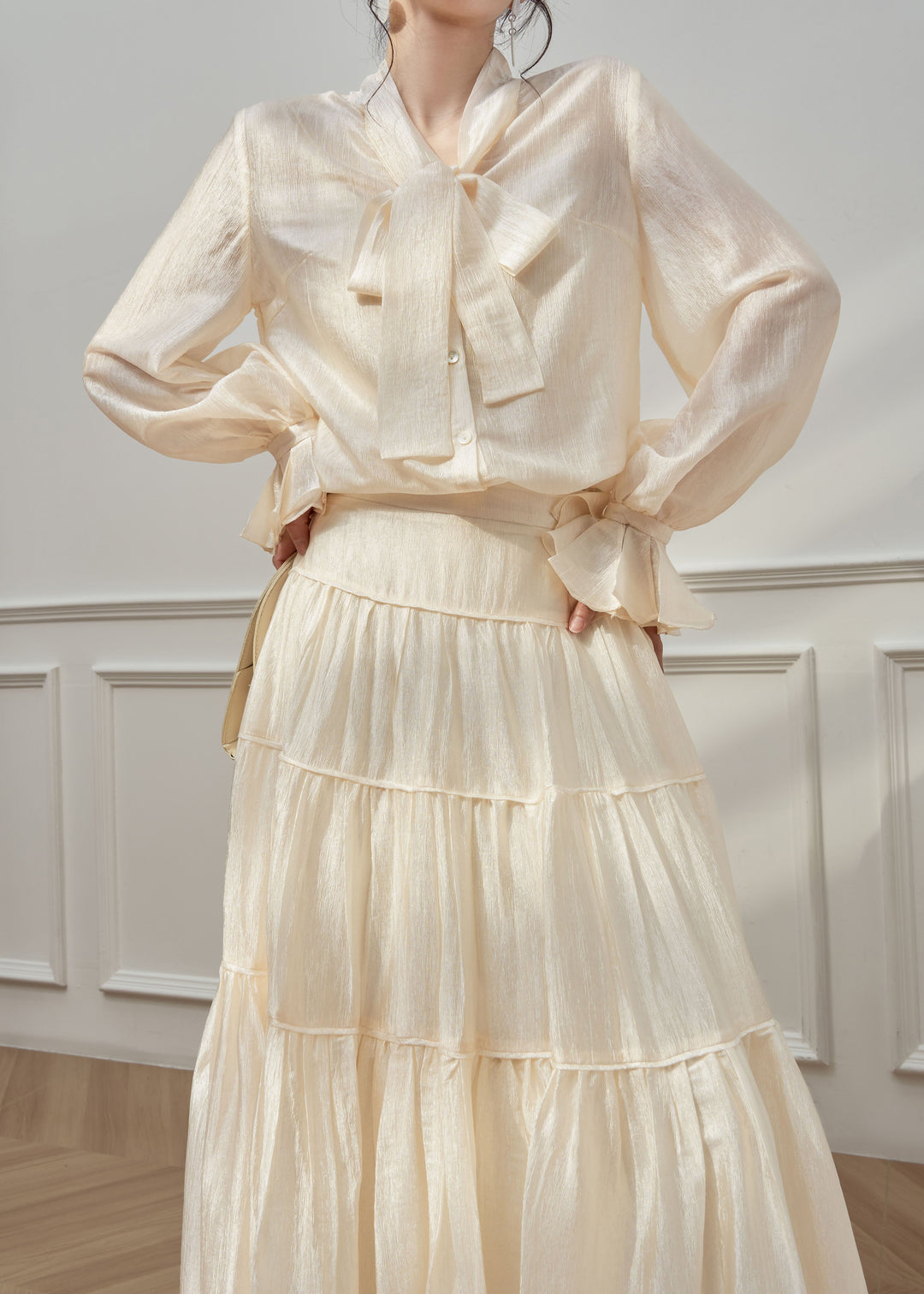 Fashion Apricot Petal Sleeve Shirts And Skirts Silk Two Pieces Set Spring