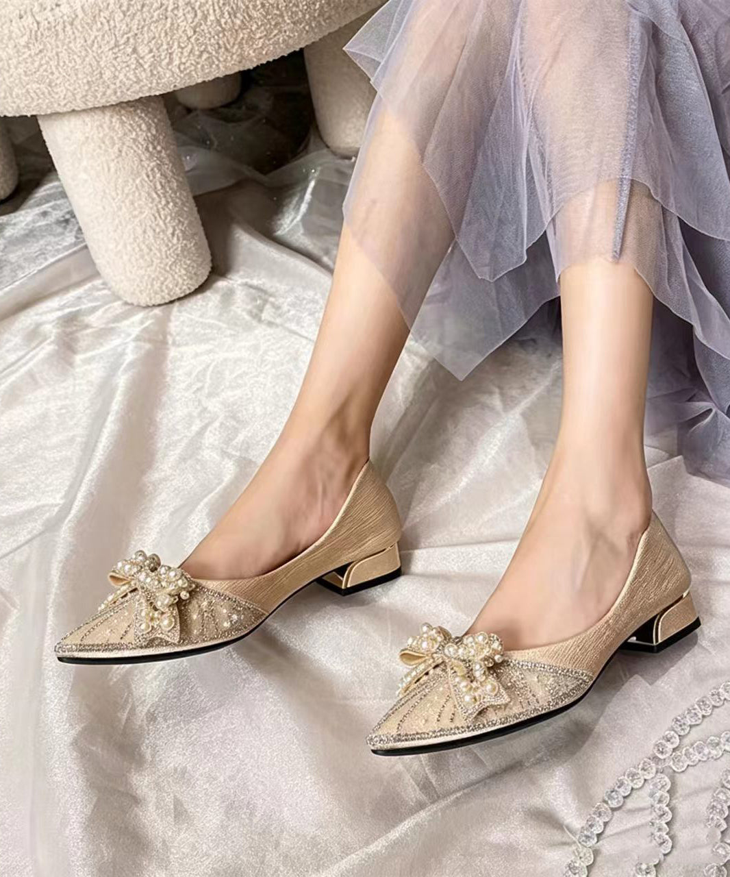 Fashion Apricot Pointed Toe Bow Pearl Zircon Low Heel Pumps