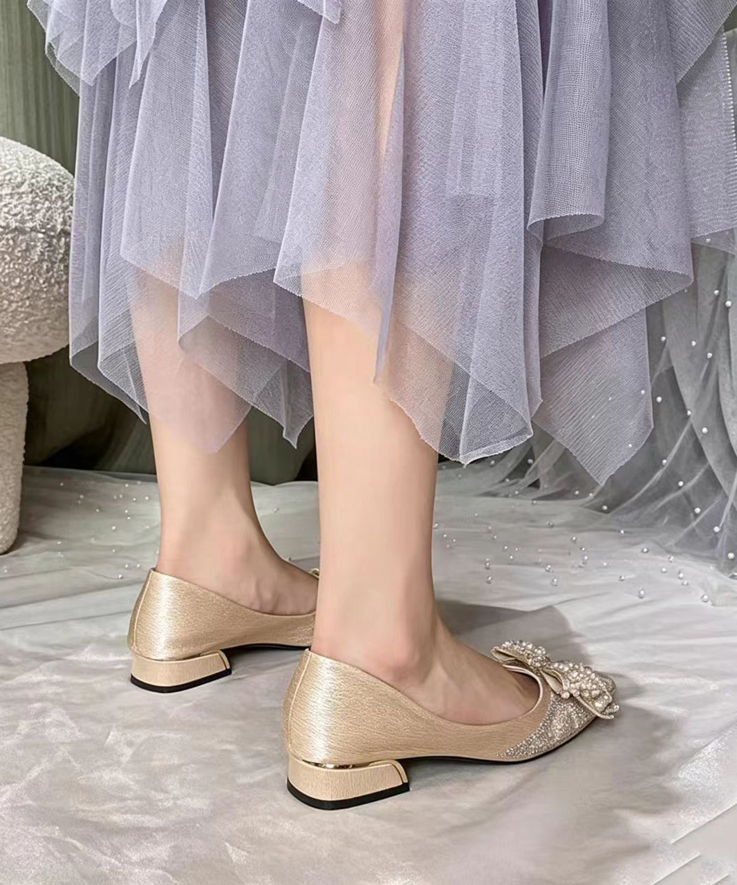 Fashion Apricot Pointed Toe Bow Pearl Zircon Low Heel Pumps