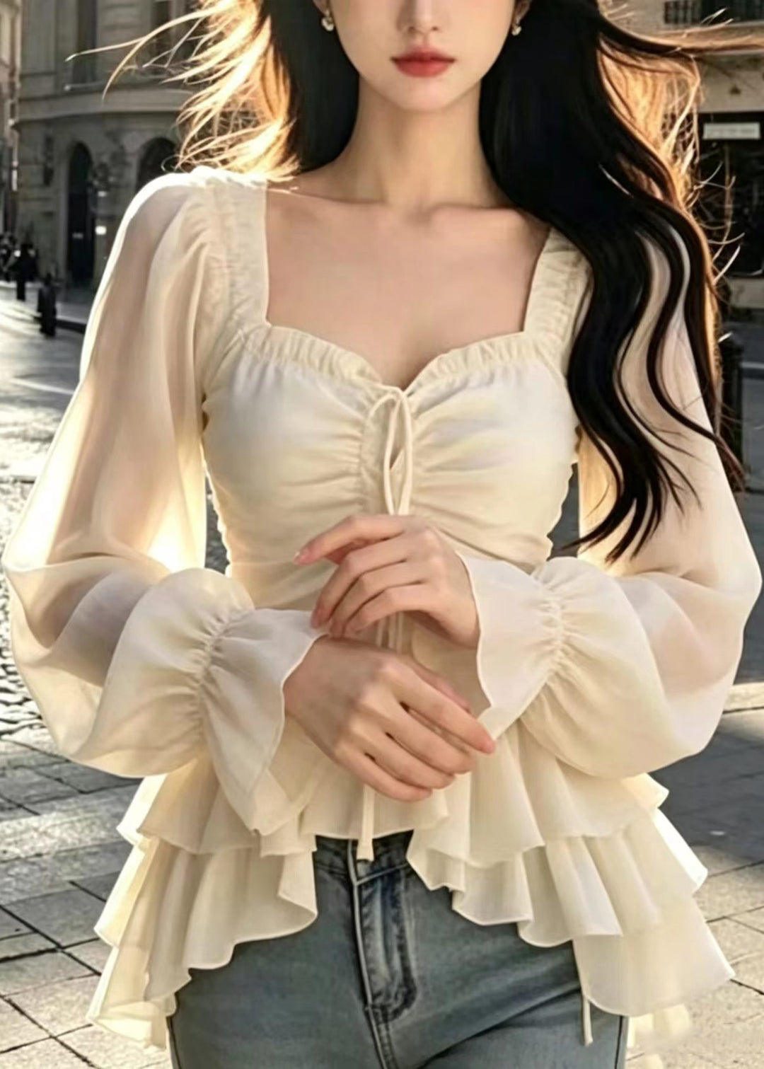 Fashion Apricot Ruffled Lace Up Wrinkled Chiffon Top Fall