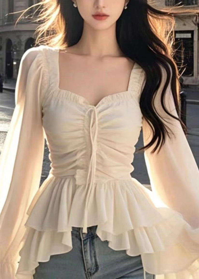 Fashion Apricot Ruffled Lace Up Wrinkled Chiffon Top Fall