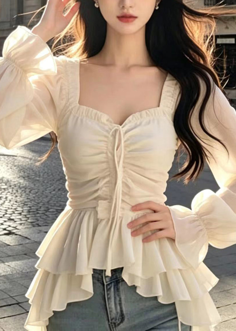 Fashion Apricot Ruffled Lace Up Wrinkled Chiffon Top Fall