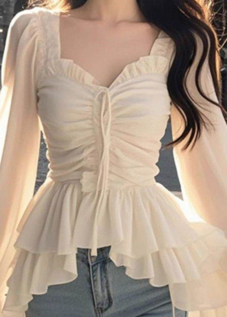 Fashion Apricot Ruffled Lace Up Wrinkled Chiffon Top Fall