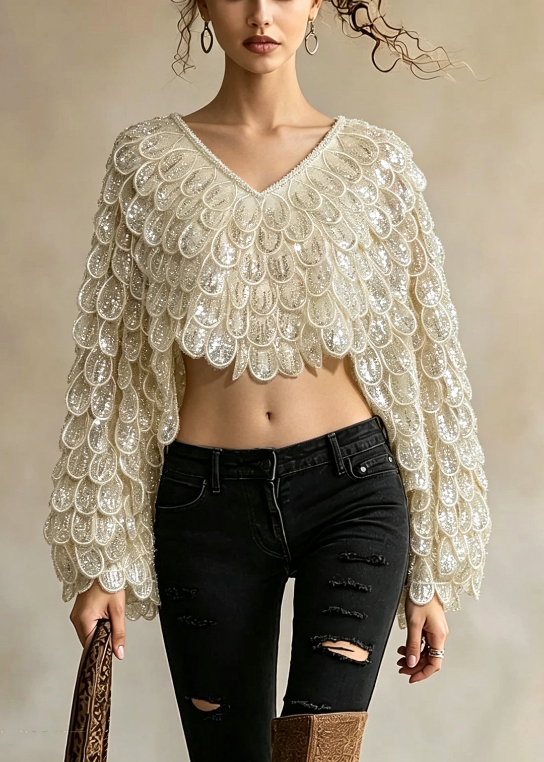 Fashion Apricot V Neck Sequins Embroidered Tulle Cape Tops Fall