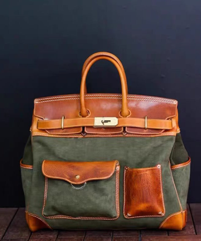 Fashion Army Green Patchwork Pockets Leather Men Tote Handbag