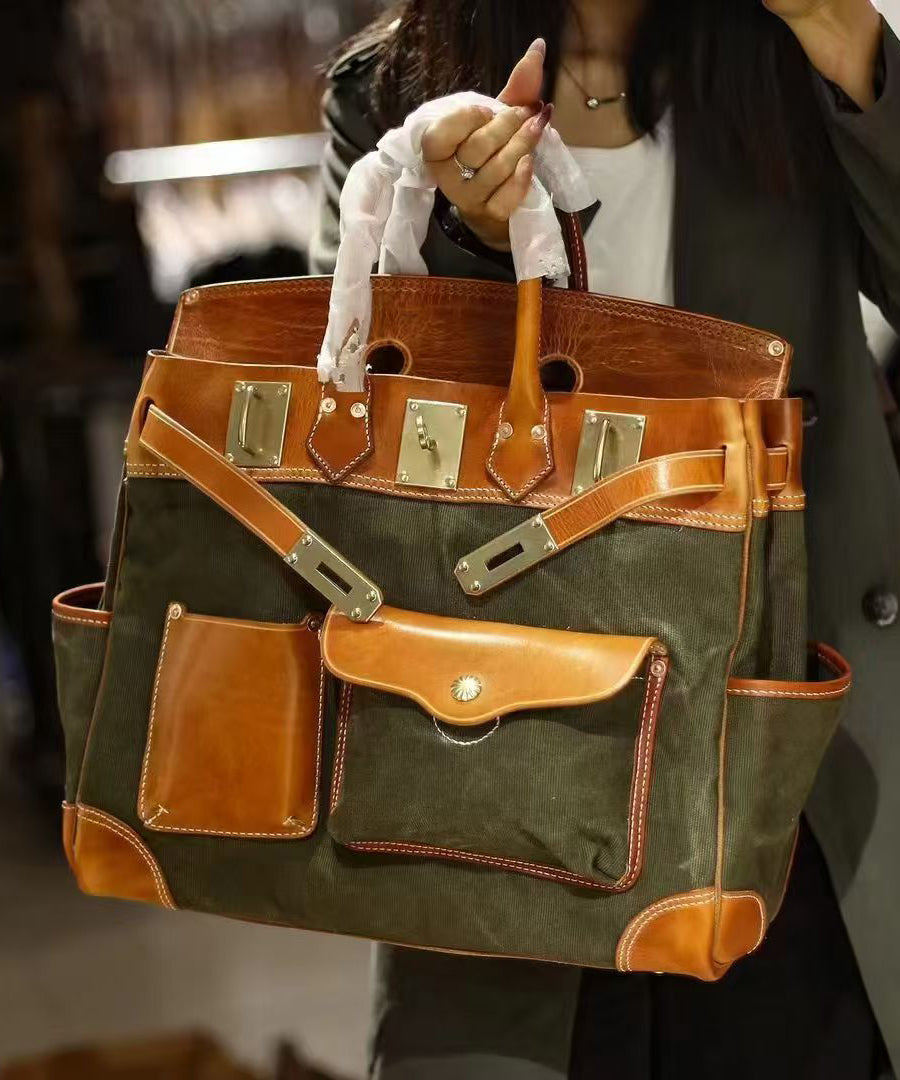 Fashion Army Green Patchwork Pockets Leather Men Tote Handbag