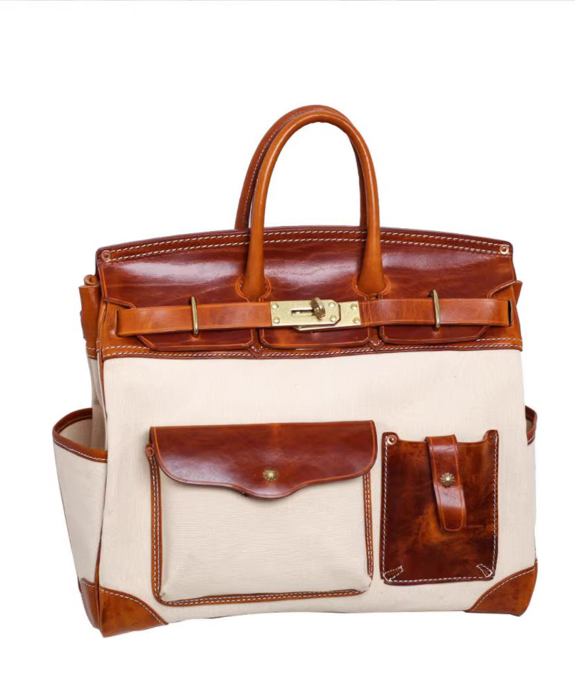 Fashion Army Green Patchwork Pockets Leather Men Tote Handbag
