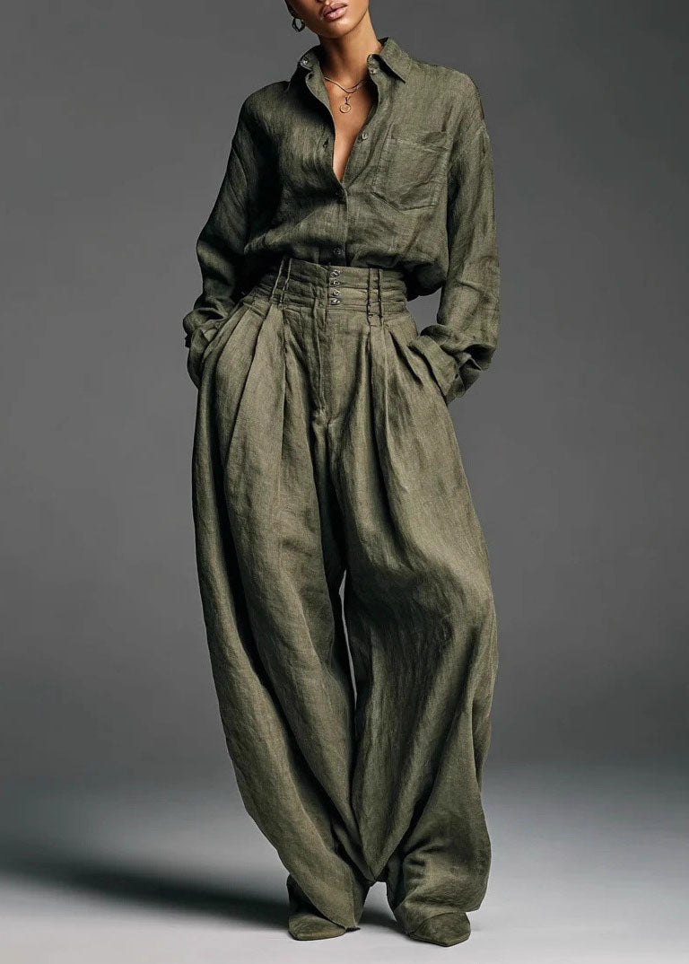 Fashion Army Green Shirt And Pants Two-Piece Set Spring