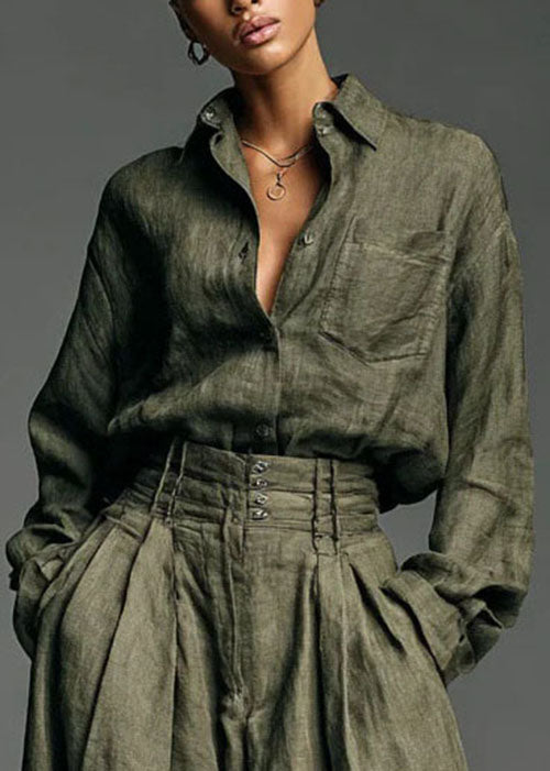 Fashion Army Green Shirt And Pants Two-Piece Set Spring