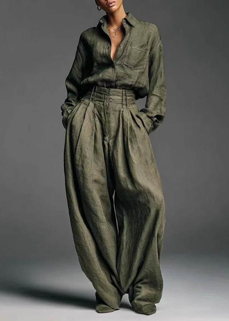 Fashion Army Green Shirt And Pants Two-Piece Set Spring