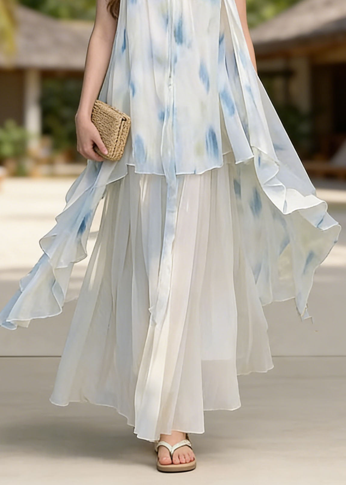 Fashion Asymmetrical Tie Dye Chiffon Spaghetti Strap Dress Summer - Omychic