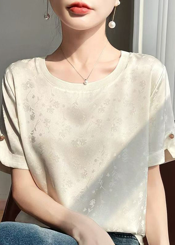 Fashion Beige Jacquard Original Design Silk Blouses Short Sleeve