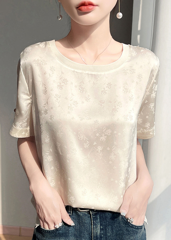Fashion Beige Jacquard Original Design Silk Blouses Short Sleeve