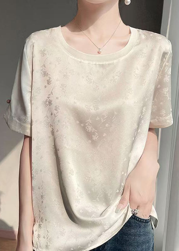 Fashion Beige Jacquard Original Design Silk Blouses Short Sleeve