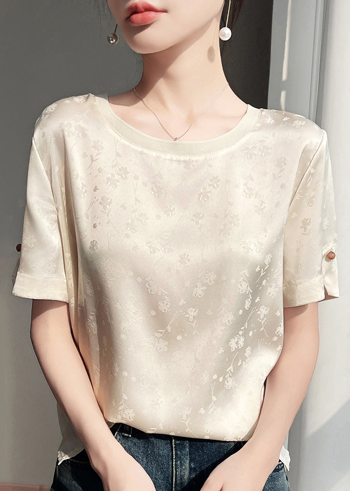 Fashion Beige Jacquard Original Design Silk Blouses Short Sleeve