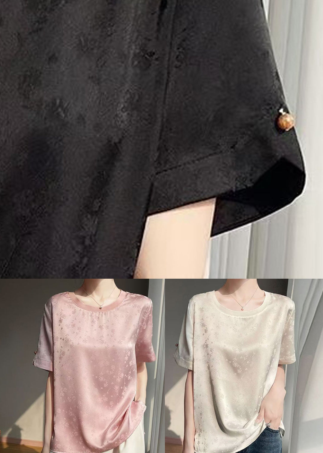 Fashion Beige Jacquard Original Design Silk Blouses Short Sleeve