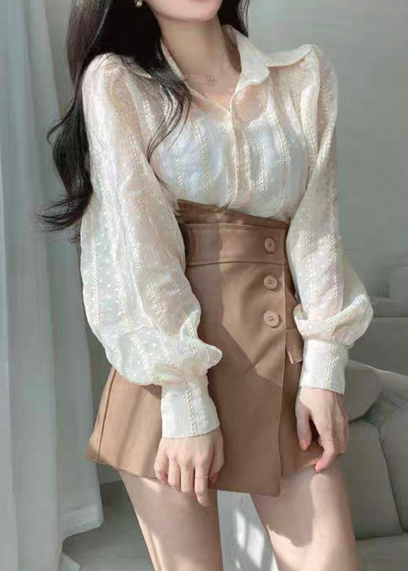 Fashion Beige Lace Button Solid Cotton Shirts Puff Sleeve
