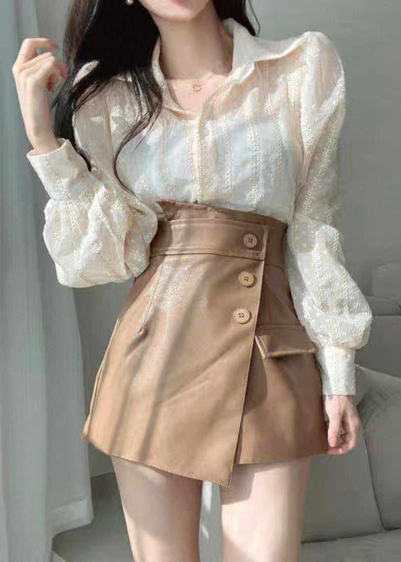 Fashion Beige Lace Button Solid Cotton Shirts Puff Sleeve