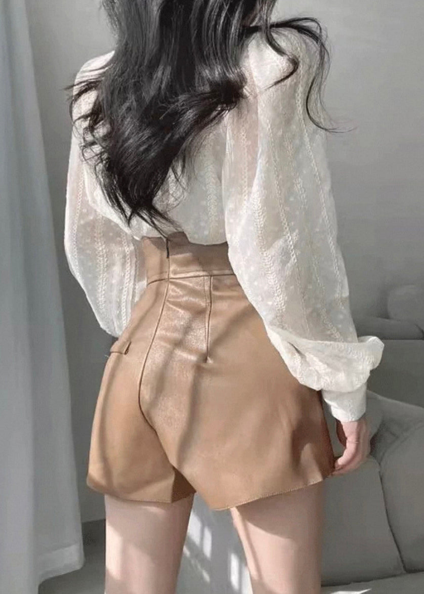 Fashion Beige Lace Button Solid Cotton Shirts Puff Sleeve