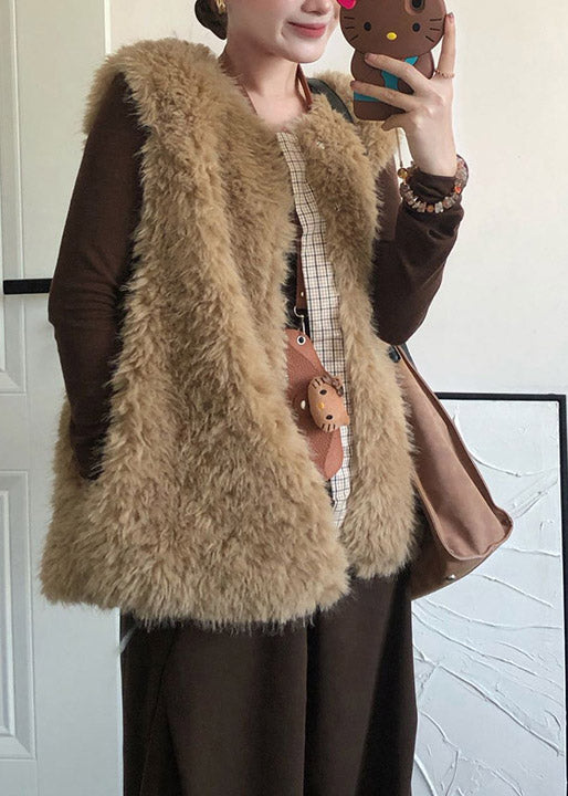 Fashion Beige O Neck Patchwork Faux Fur Vest Sleeveless