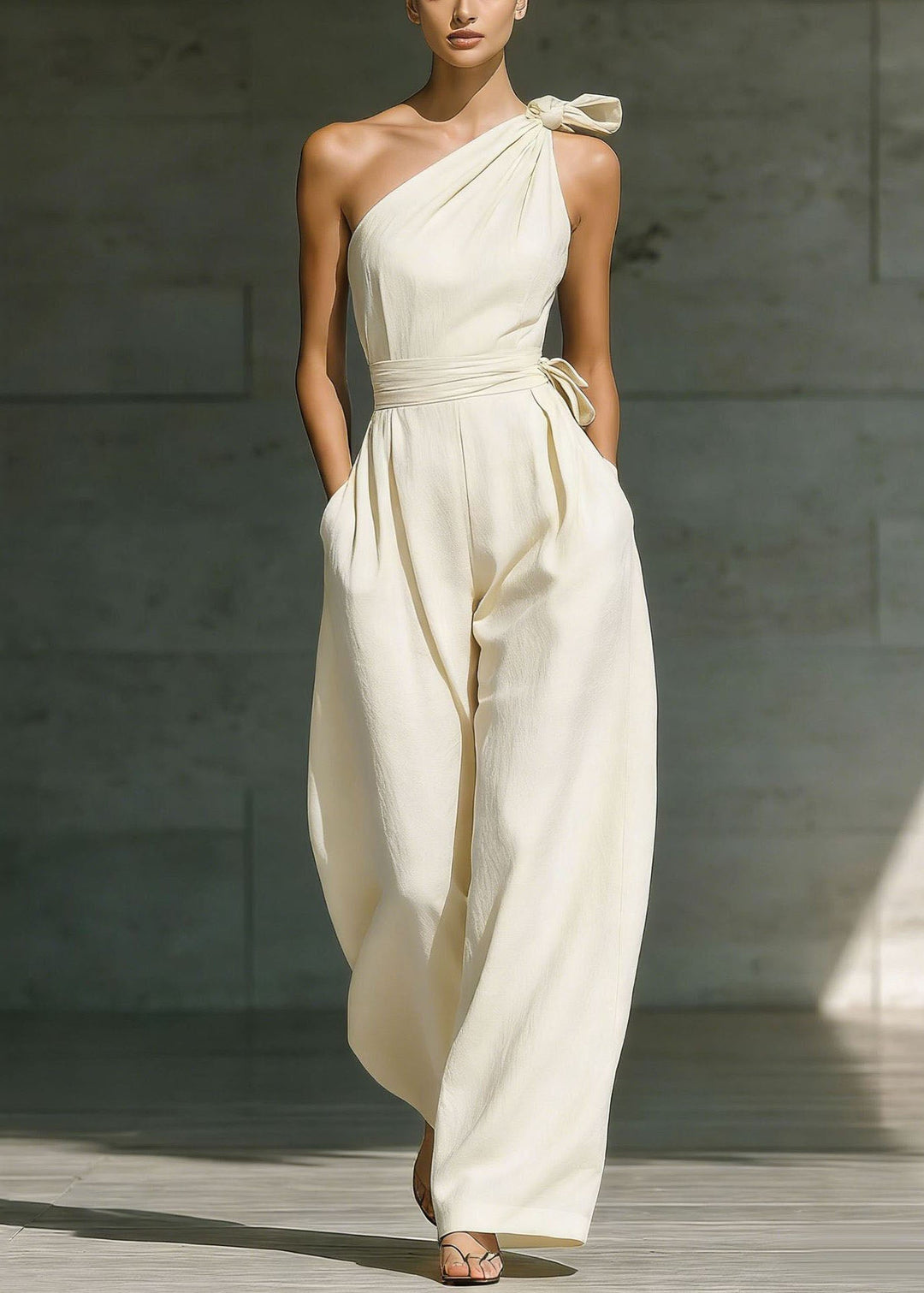 Fashion Beige One Shoulder Pockets Cotton Jumpsuit Sleeveless