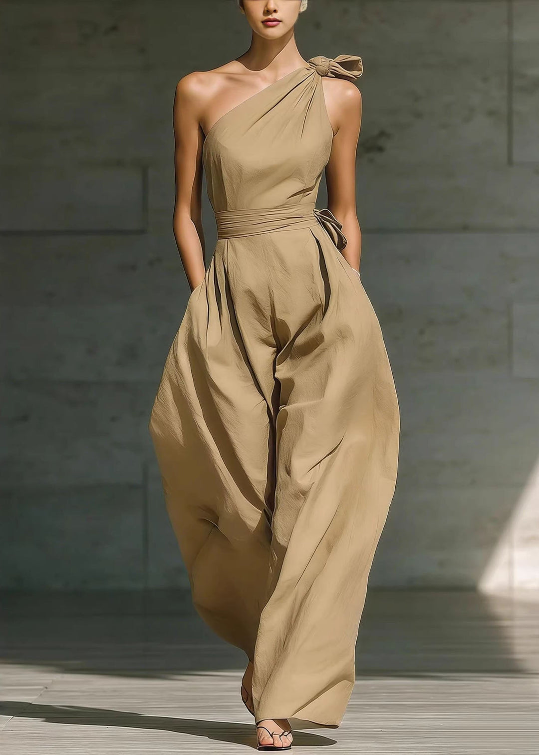 Fashion Beige One Shoulder Pockets Cotton Jumpsuit Sleeveless