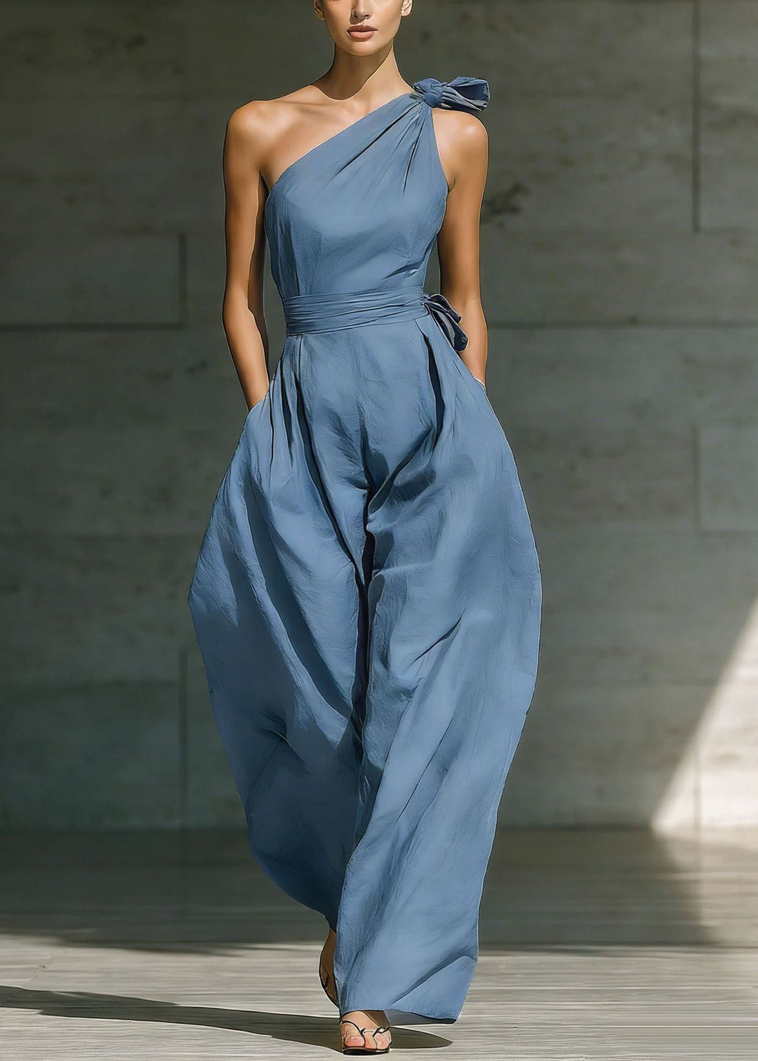 Fashion Beige One Shoulder Pockets Cotton Jumpsuit Sleeveless
