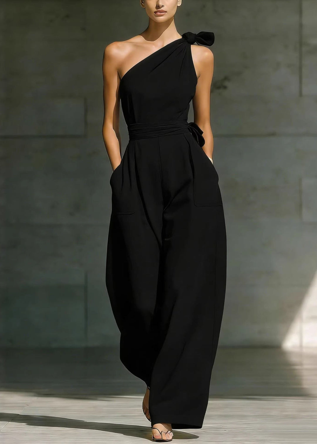 Fashion Beige One Shoulder Pockets Cotton Jumpsuit Sleeveless