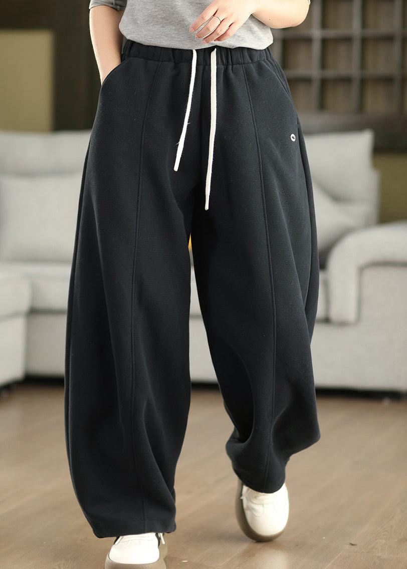 Fashion Beige Pockets Elastic Waist Thick Cotton Pants Fall
