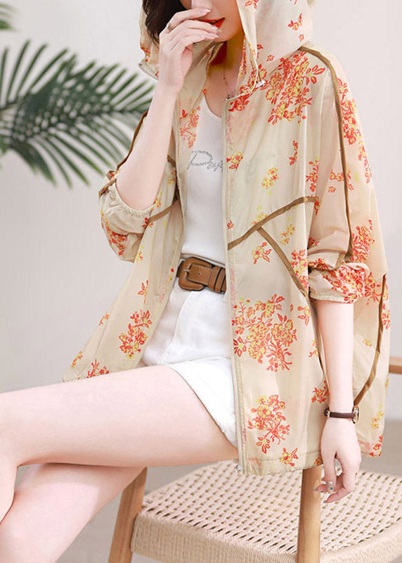 Fashion Beige Print Pockets Hoodie UPF 50+ Coat Jacket Spring