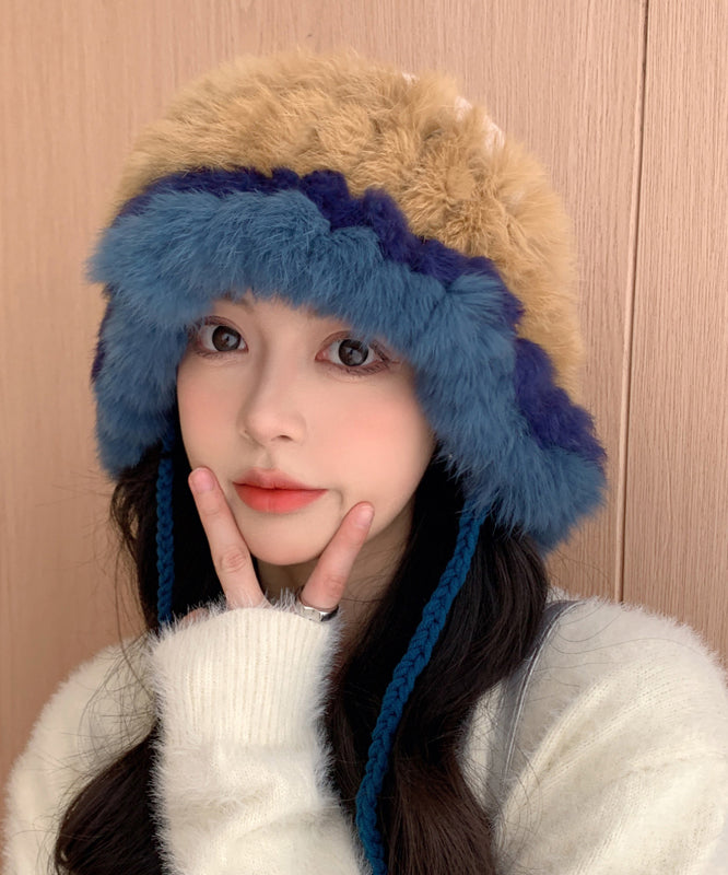 Fashion Beige Rabbit Wool Thick Warm Bucket Hat
