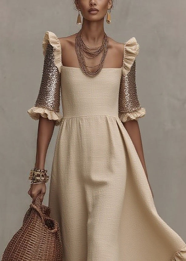 Fashion Beige Square Collar Ruffled Wrinkled Long Dress Summer - Omychic