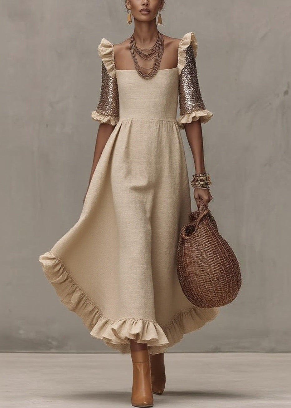 Fashion Beige Square Collar Ruffled Wrinkled Long Dress Summer - Omychic