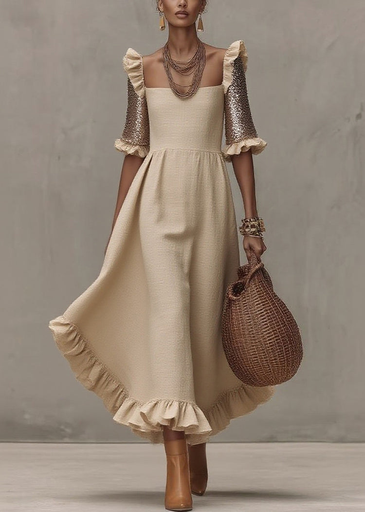 Fashion Beige Square Collar Ruffled Wrinkled Long Dress Summer - Omychic