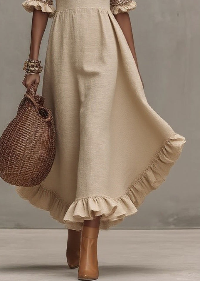 Fashion Beige Square Collar Ruffled Wrinkled Long Dress Summer - Omychic
