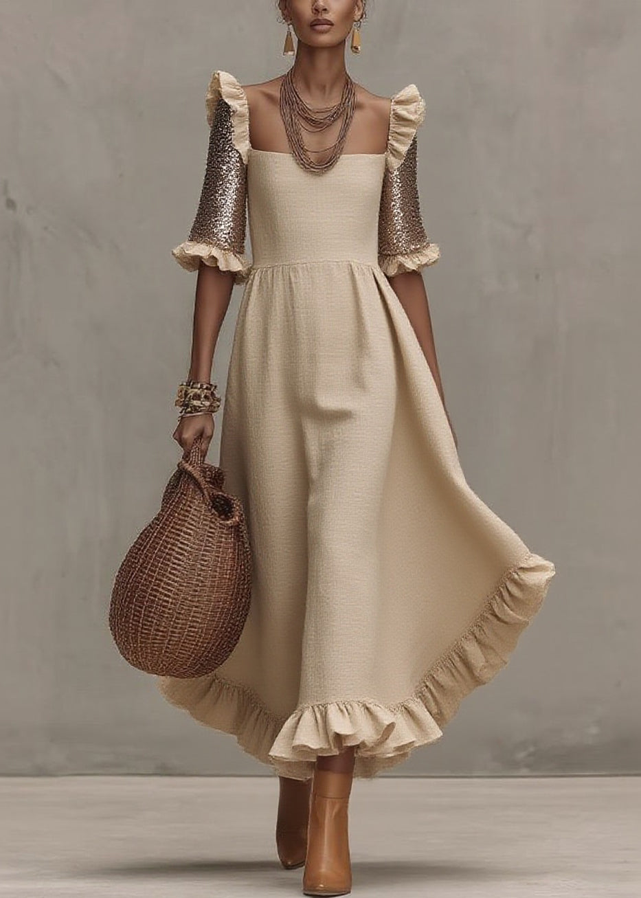 Fashion Beige Square Collar Ruffled Wrinkled Long Dress Summer - Omychic