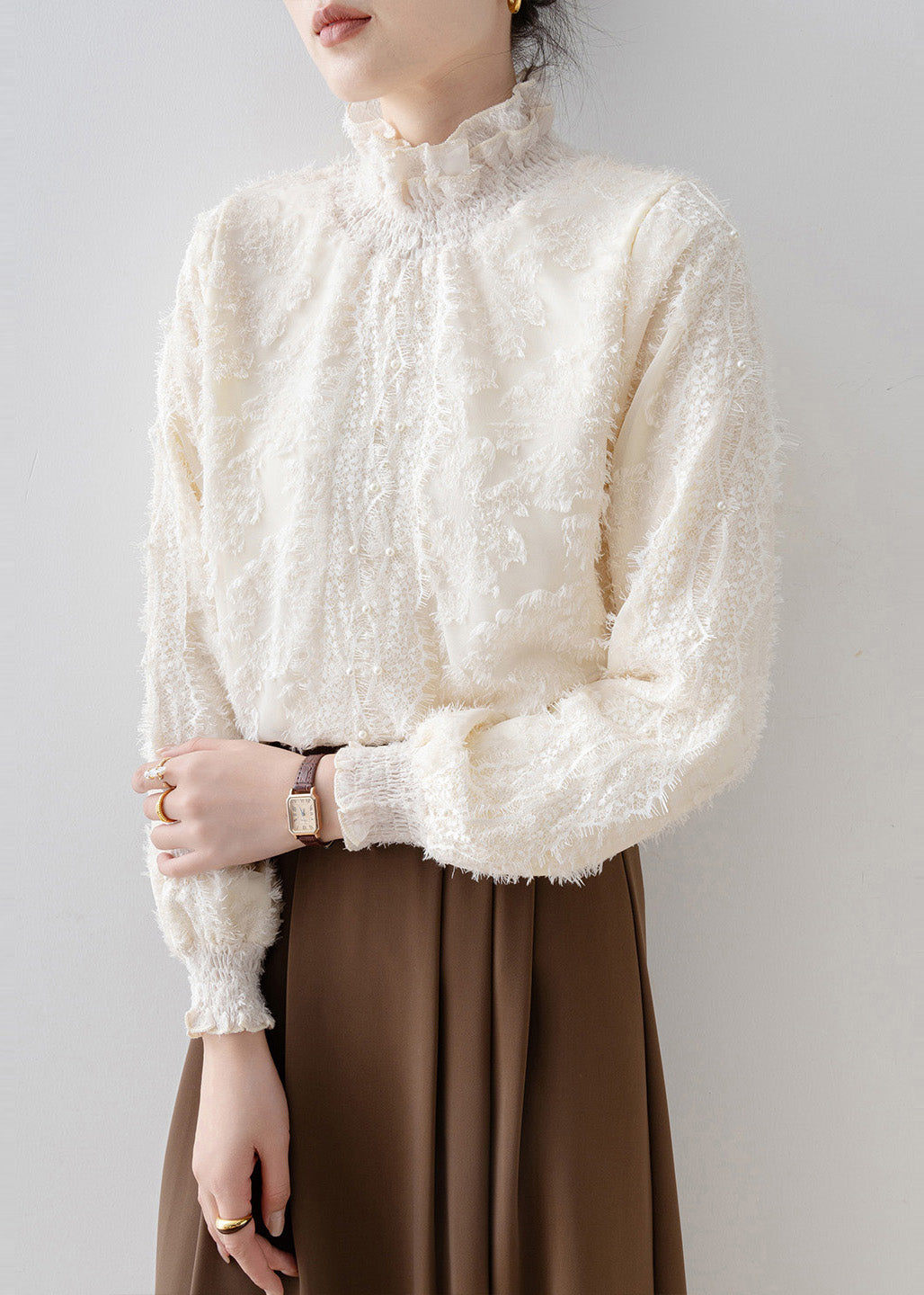 Fashion Beige Stand Collar Warm Fleece Blouse Tops Winter
